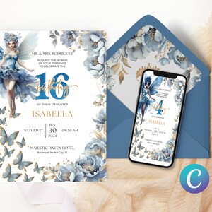 Invitation à thème floral bleu poudre, modèle d’anniversaire de papillon de fée, invitation de fille bleue magique, élégant enchanteur fantaisiste imprimable