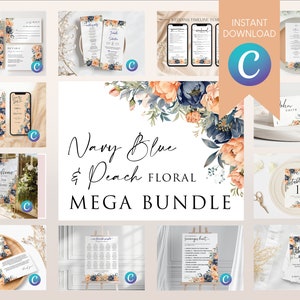 Könnte beinhalten: Eine Sammlung druckbarer Hochzeitspapeterie mit einem floralen Design in Marineblau und Pfirsich. Das Set beinhaltet Save-the-Date-Karten, Einladungen, RSVP-Karten, Vorlagen für den Hochzeitsplan, Willkommens-Schilder, Sitzordnungspläne, Tischnummern und Dankeskarten.