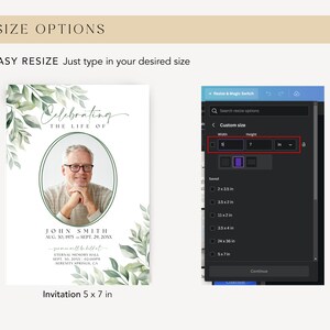 May include: A customizable invitation template with a green leafy design. The template features a photo placeholder and text that reads "Celebrating the Life of John Smith". The invitation is 5 inches wide by 7 inches tall.