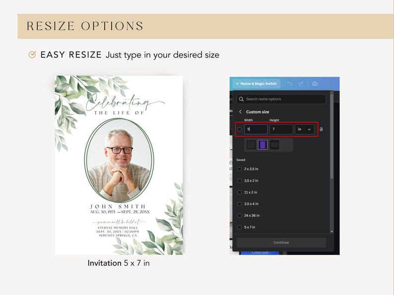 May include: A customizable invitation template with a green leafy design. The template features a photo placeholder and text that reads "Celebrating the Life of John Smith". The invitation is 5 inches wide by 7 inches tall.