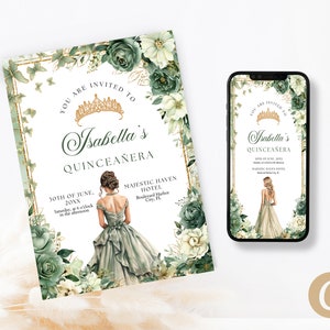 Bearbeitbare Salbei Grün Gold Blumen Schmetterling Prinzessin Quinceanera Einladungen Canva Vorlage, Moosgrün Gold Quitte Einladen Digitale Karte QB0032