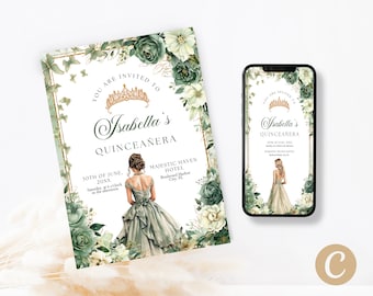 Editable Sage Green Gold Floral Butterfly Princess Quinceanera Invitations Canva Template, Moss Green Gold Quince Invite Digital Card QB0032