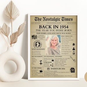 Modelo editável de pôster de jornal de 70º aniversário em Canva, presente de aniversário de 70º jubileu de platina para ele, decoração de 70º aniversário em 1954