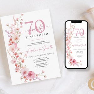 Blush Pink 70 jaar geliefde verjaardagsuitnodiging voor vrouw, Wildflower 70 jaar oude RSVP mobiele digitale download, bewerkbare canva-sjabloon BP0078