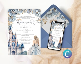Märchen Schloss Prinzessin Quinceanera Einladung Blau Vorlage für Quinceanera, Quitte Einladung Digital, invitaciones de quinceanera