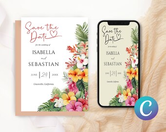 May include: Save the Date card with tropical floral design. The card features a white background with the text "Save the Date" in red script font, followed by "for the wedding of" and the names "Isabella and Sebastian". The date "June 24, 20XX" and the location "Graceville, California" are also included. The card is decorated with a border of tropical flowers and leaves.