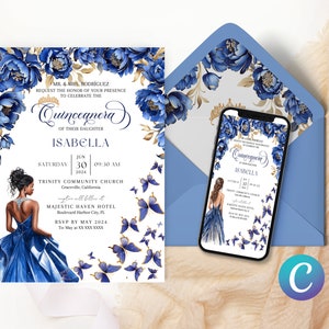 Modello di invito Quinceanera con design principessa farfalla oro e blu reale, sfondo floreale, invito digitale in tela di mele cotogne