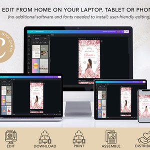 May include: A computer screen displaying a design template for a Quincea&ntilde;era invitation. The template features a pink and white floral design with a crown and the text "Welcome to a Quincea&ntilde;era". The screen is surrounded by icons representing the steps involved in creating and sharing the invitation, including edit, download, print, assemble, and distribute.