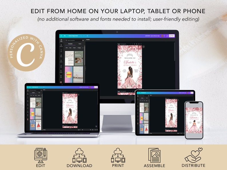May include: A computer screen displaying a design template for a Quincea&ntilde;era invitation. The template features a pink and white floral design with a crown and the text "Welcome to a Quincea&ntilde;era". The screen is surrounded by icons representing the steps involved in creating and sharing the invitation, including edit, download, print, assemble, and distribute.