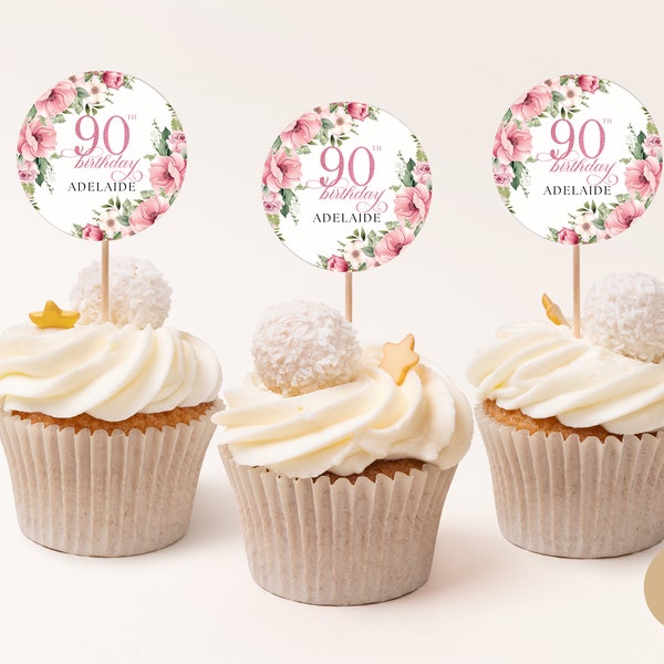 90th Birthday Cupcake Cake Topper Canva Template for Mother Grandma, Pastel Dusty Pink Floral 90 Years Nonagenarian Party Decoration BP0040