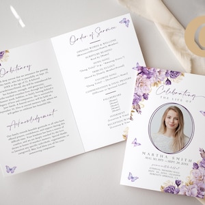 Editable Purple Floral Butterfly Funeral Program Template for Woman Mom, Simple Celebration of Life Memorial Service Program Booklet FS0001