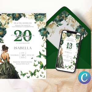 Invitation à thème floral de jardin magique, modèle d’anniversaire de papillon princesse, invitation de fille vert foncé, élégant lunatique enchanteur imprimable