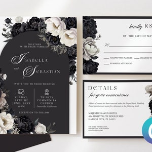 Schwarz & Weiß Blumen Bogen Hochzeitseinladung Canva Vorlage, Sofort Download Digital, Einladungspaket, Elegante Minimalist Pfingstrosen Einladen