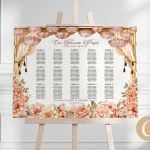 Puede incluir: Un plano de asientos de boda con un diseño floral. El plano está decorado con flores rosas y melocotón y tiene un fondo blanco y dorado. El texto en el plano dice "Nuestra Gente Favorita ¡Tu Asiento Te Espera!" y enumera los nombres de los invitados en cada mesa. El plano también incluye la fecha "06.30.20XX" y el texto "La Noche de Haldi & Mehendi de Ayesha".