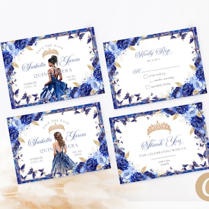 Royal Blue Gold Floral Butterfly Princess Quinceanera Salva la data Invito Modello Canva Royal Quince Invito RSVP Biglietto di ringraziamento QB0028