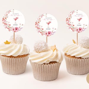 Decorazione per cupcake rosa tenue per il 40° compleanno per ragazze, etichetta floreale per buffet per 40 anni, download digitale, modello Canva modificabile per dispositivi mobili BP0082