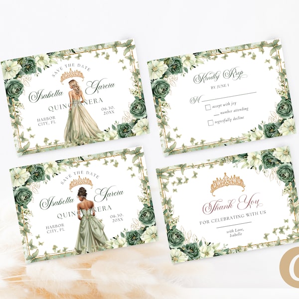 Sage Green Gold Floral Butterfly Princess Quinceanera Save the Date Invitation Canva Template, Gold Quince Invite RSVP Thank you Card QB0032