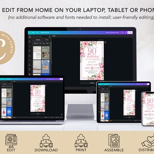 Peut inclure: Une maquette num&eacute;rique montrant comment &eacute;diter une invitation de 90e anniversaire sur un ordinateur portable, une tablette et un t&eacute;l&eacute;phone &agrave; l'aide de Canva. L'invitation pr&eacute;sente un design floral rose avec le texte "90e anniversaire de c&eacute;l&eacute;bration".