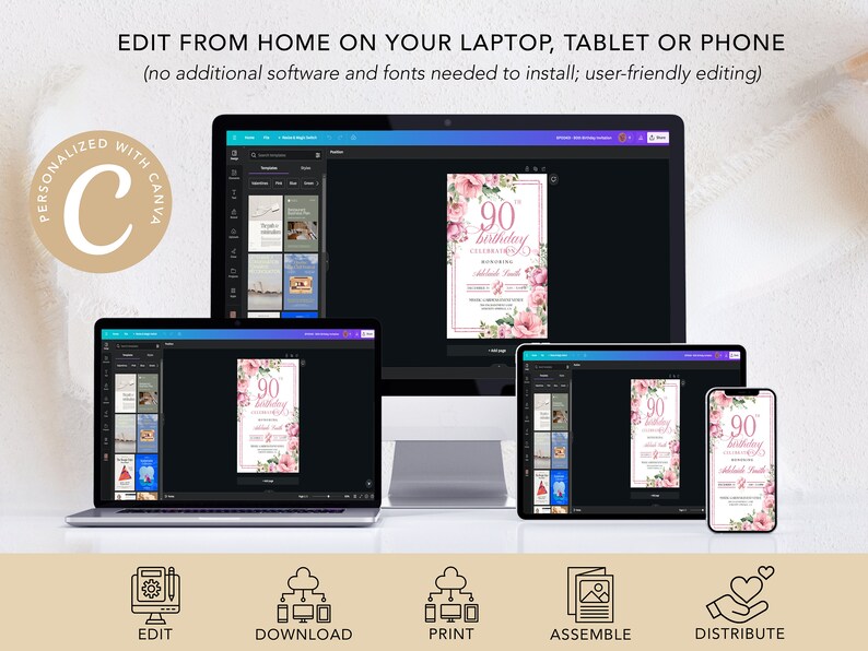 Peut inclure: Une maquette num&eacute;rique montrant comment &eacute;diter une invitation de 90e anniversaire sur un ordinateur portable, une tablette et un t&eacute;l&eacute;phone &agrave; l'aide de Canva. L'invitation pr&eacute;sente un design floral rose avec le texte "90e anniversaire de c&eacute;l&eacute;bration".