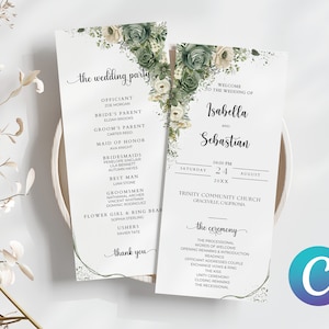 Puede incluir: Programa de ceremonia de boda con un diseño floral. El programa incluye la fiesta de bodas, el orden de la ceremonia y la fecha y hora de la boda. El texto dice "The Wedding Party", "Welcome to the Wedding of Isabella and Sebastian", "Sábado, 24 de agosto de 20XX, 16:00", "Trinity Community Church, Graceville, California", y "The Ceremony".