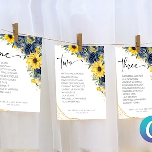 Navy blu senape giallo grande matrimonio appeso tabella dei posti a sedere, modello di tela floreale di peonie di girasole, elegante minimalista, romantico moderno