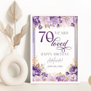 70. Geburtstag Willkommen Schild Vorlage für Mutter Oma, Flieder Lila Blumen 70 Jahre geliebt Platinum Jubilee Geburtstagsparty Poster BP0120