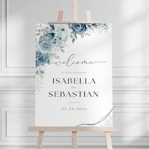Staubiges Blau Hochzeit Willkommensschild, Taubenblaue Pfingstrosen Blumen Canva Vorlage, Elegante Minimalistische Einfache, Moderne Romantische Aquarell Set Reihe