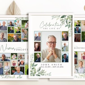 May include: A white framed collage of photos with a green leafy border. The collage is divided into squares with photos of a man in various settings. The text "Celebrating the Life of John Smith Aug. 30, 1975 - Sept. 29, 20XX" is printed below the photos.