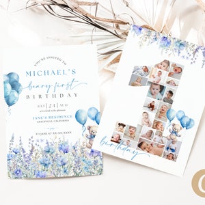Modelo editável de canva de convite de primeiro aniversário Blue Beary com cartão fotográfico, balões azuis flores silvestres primeiro cartão de convite digital móvel BP0061