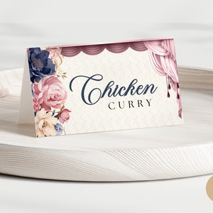Mehndi Blau Rosa Gold Bearbeitbar Lebensmittel Etikett Canva Vorlage für indische Hochzeit, Elegante Haldi Menü Name Party Dekoration mit Regenschirm ip0009