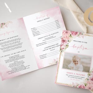 May include: A pink and gold baptism programme with floral designs and a photo of a young girl. The programme includes the order of service, the name of the person being baptised, and the text "Welcome to the Baptism of Shiela Moore".