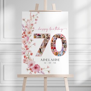 Weiches rosa 70. Geburtstags-Foto-Collage-Plakat für Mutter Oma Frau, Wildblumen-Blumen 70 Jahre geliebt-Platin-Jubiläums-Party-Zeichen BP0078