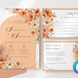 Może przedstawiać: Zestaw zaproszeń ślubnych w kolorze brzoskwiniowym i kremowym z ilustracjami kwiatowymi. Zaproszenie ma brzoskwiniowe tło z okrągłym wycięciem na tekst. Tekst brzmi: "Razem z rodzinami, Isabella i Sebastian zapraszają na swój ślub. Niedziela, 24 czerwca 20XX o 16:00. Kościół Społeczności Trójcy Świętej, Graceville, Kalifornia. Przyjęcie po ceremonii."