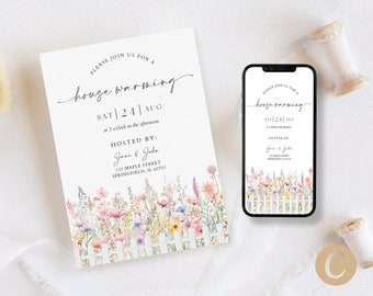 Editable Wildflower Housewarming Invitation Canva Template, Minimalist White Fence New Home Party Invite Card, Mobile Text Digital Invite