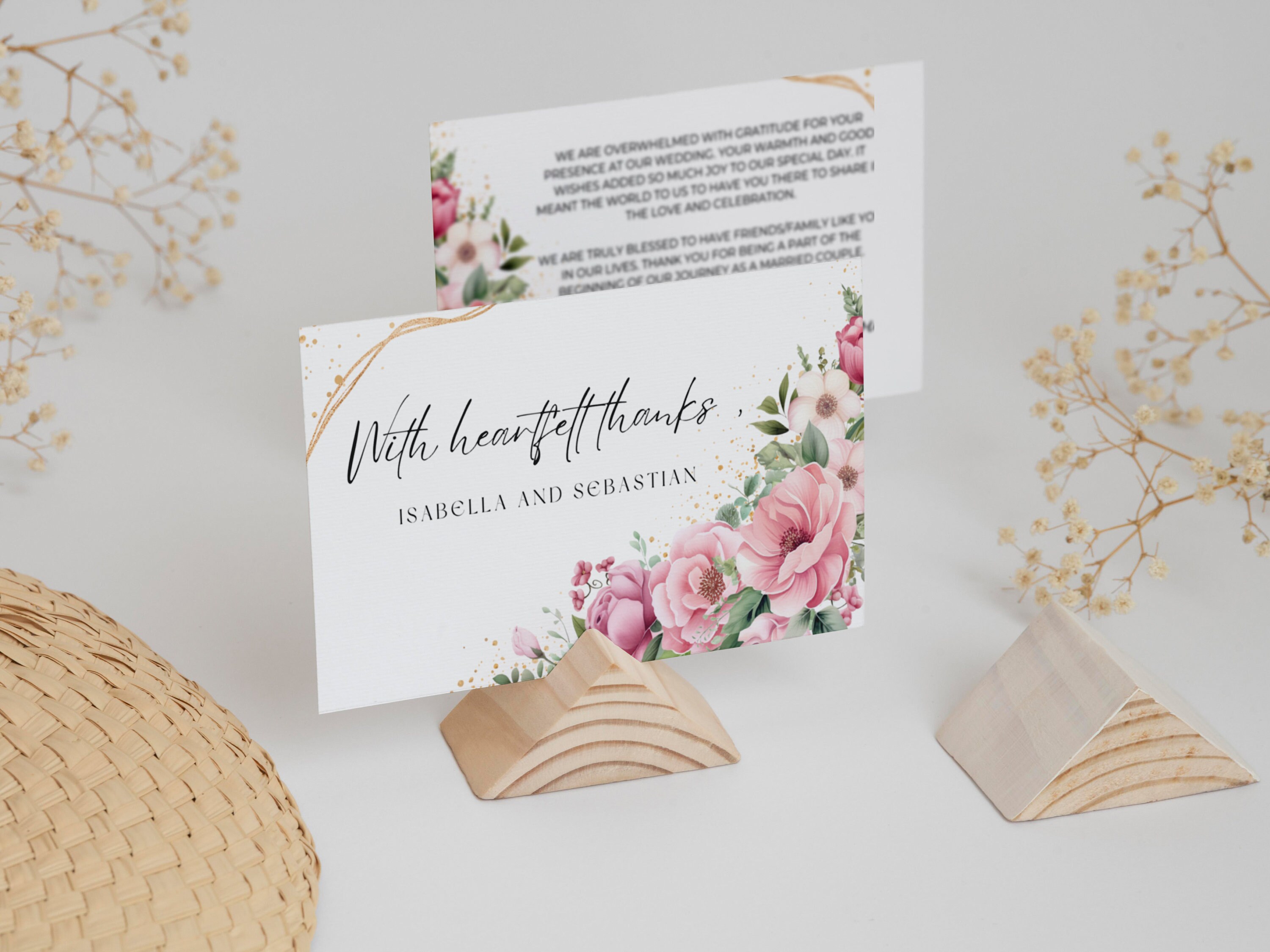 Editable Powder Pink Wedding Thank You Card Template, Dusty Pink Floral ...