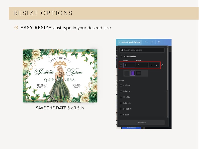 Emerald Green Gold Floral Butterfly Princess Quinceanera Save the Date Invitation Canva Template, Quince Invite RSVP Thank you Card QB0030 image 8