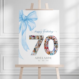 Affiche de collage photo 70e anniversaire avec noeud bleu pour femme grand-mère mère, signe vintage de fête du jubilé de platine des années 70, thème noeud papillon BP0101