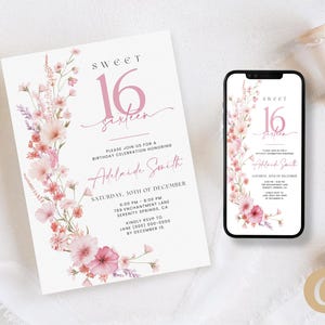 Zachtroze 16e verjaardagsuitnodiging voor meisjes, Wildflower Sweet 16-jarige RSVP digitale download voor haar, bewerkbare canva-sjabloon BP0071