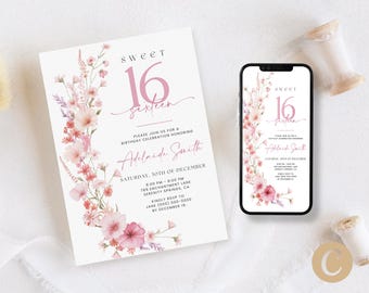 May include: A pink and white floral invitation for a 16th birthday party. The invitation features the text "Sweet 16 Sixteen" and includes the date, time, and location of the party. The invitation is designed to be printed and mailed.