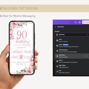 Peut inclure: Une invitation de f&ecirc;te d'anniversaire florale rose et verte pour un 90e anniversaire. L'invitation pr&eacute;sente un motif floral rose avec le texte "90e anniversaire c&eacute;l&eacute;bration en l'honneur d'Adelaide Smith" et la date et l'heure de l'&eacute;v&eacute;nement. L'invitation est affich&eacute;e sur un smartphone.