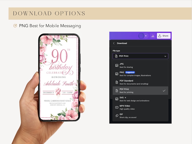 Peut inclure: Une invitation de f&ecirc;te d'anniversaire florale rose et verte pour un 90e anniversaire. L'invitation pr&eacute;sente un motif floral rose avec le texte "90e anniversaire c&eacute;l&eacute;bration en l'honneur d'Adelaide Smith" et la date et l'heure de l'&eacute;v&eacute;nement. L'invitation est affich&eacute;e sur un smartphone.