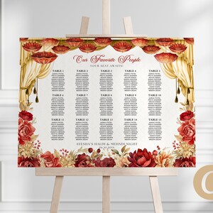 Puede incluir: Un plano de asientos decorativo sobre un caballete, con diseños florales y de cortinas en rojo, dorado y crema. El gráfico enumera nombres debajo de los números de mesa, con el texto "Our Favorite People" en la parte superior. El evento es "Ayesha's Haldi & Mehndi Night".