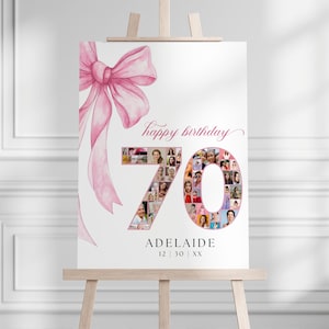 Rosa Schleife 70. Geburtstag Foto-Collage Poster für Mutter Oma Frau, Vintage Schleife Thema 70 Jahre geliebt Platinum Jubiläumsfeier Zeichen BP0090