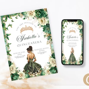 Modelo de Canva para convites de princesa Quinceanera com borboleta floral verde esmeralda, ouro verde esmeralda marmelo convite cartão digital QB0030