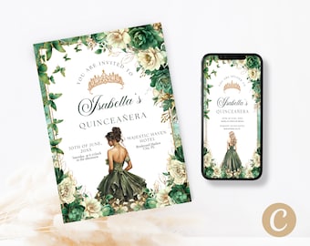 May include: An invitation for Isabella's Quinceañera, featuring a gold tiara, floral accents, and a green dress illustration. The invitation is on a white background, with a matching digital version on a smartphone.