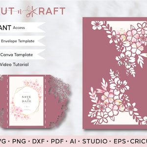 桜のレーザーカット結婚式招待状テンプレート Cricut 結婚式、キンセアネーラ、誕生日、スイート 16 SVG ファイル Cricut Cameo AI EPS