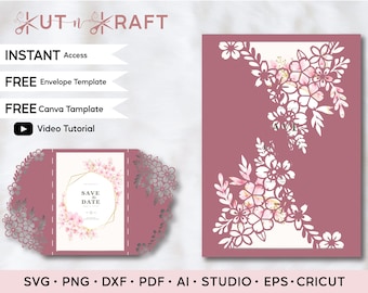 Cherry Blossom Laser Cut Wedding Invitation Template Cricut for Wedding, Quinceanera, Birthday, Sweet 16 SVG Files For Cricut Cameo AI EPS