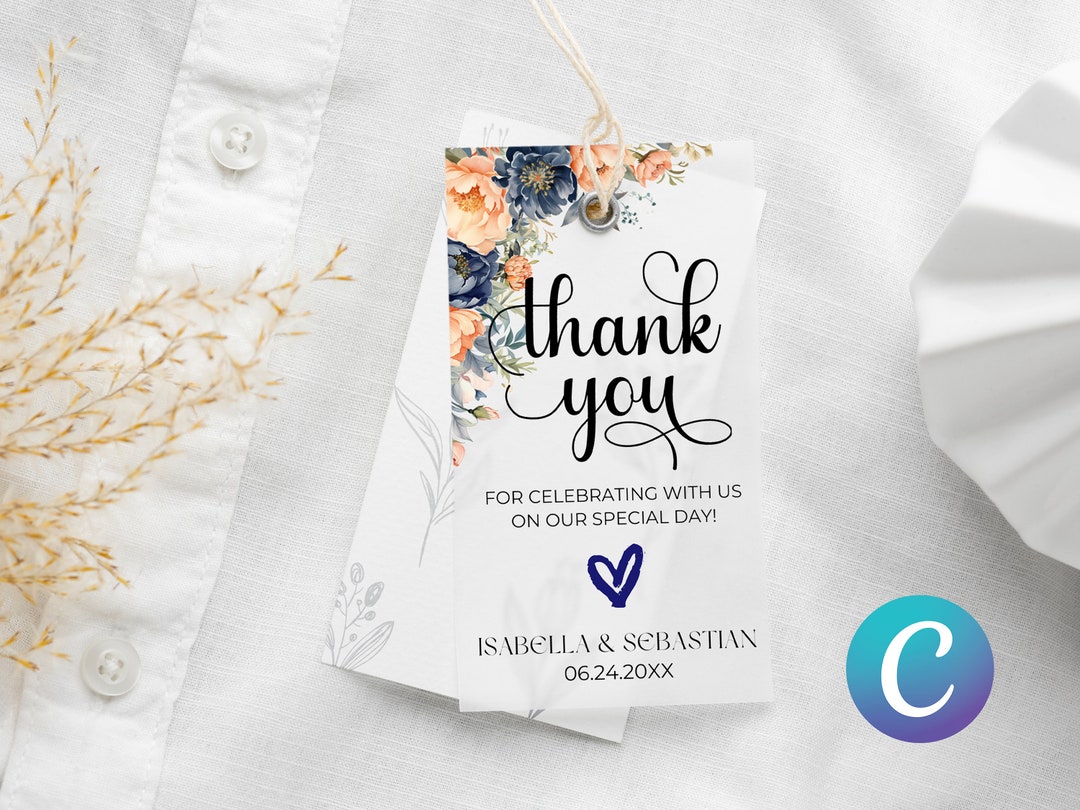 Peach & Navy Blue Floral Wedding Thank You Tag Canva Template for ...