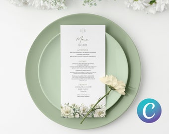 Sage Green Floral Wedding Menu Template for Canva, Printable Wedding Menu, Elegant Wedding Menu Template, Editable Wedding Menu