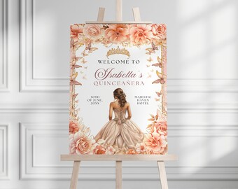 May include: Welcome to Isabella's Quinceañera sign with a floral design featuring peach and gold butterflies. The sign also includes a silhouette of a woman in a peach and gold dress. The text on the sign reads "Welcome to Isabella's Quinceañera", "30th of June, 20XX", and "Majestic Haven Hotel".